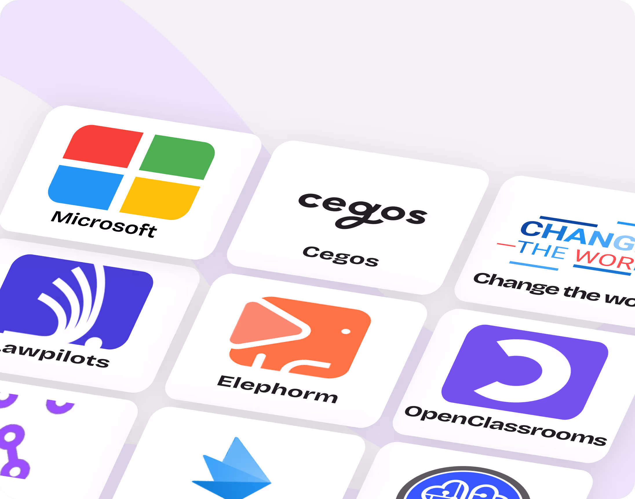 Logos des entreprises Microsoft, Cegos, Change the World, Lawpilots, Elephorm et OpenClassrooms sur des tuiles blanches.