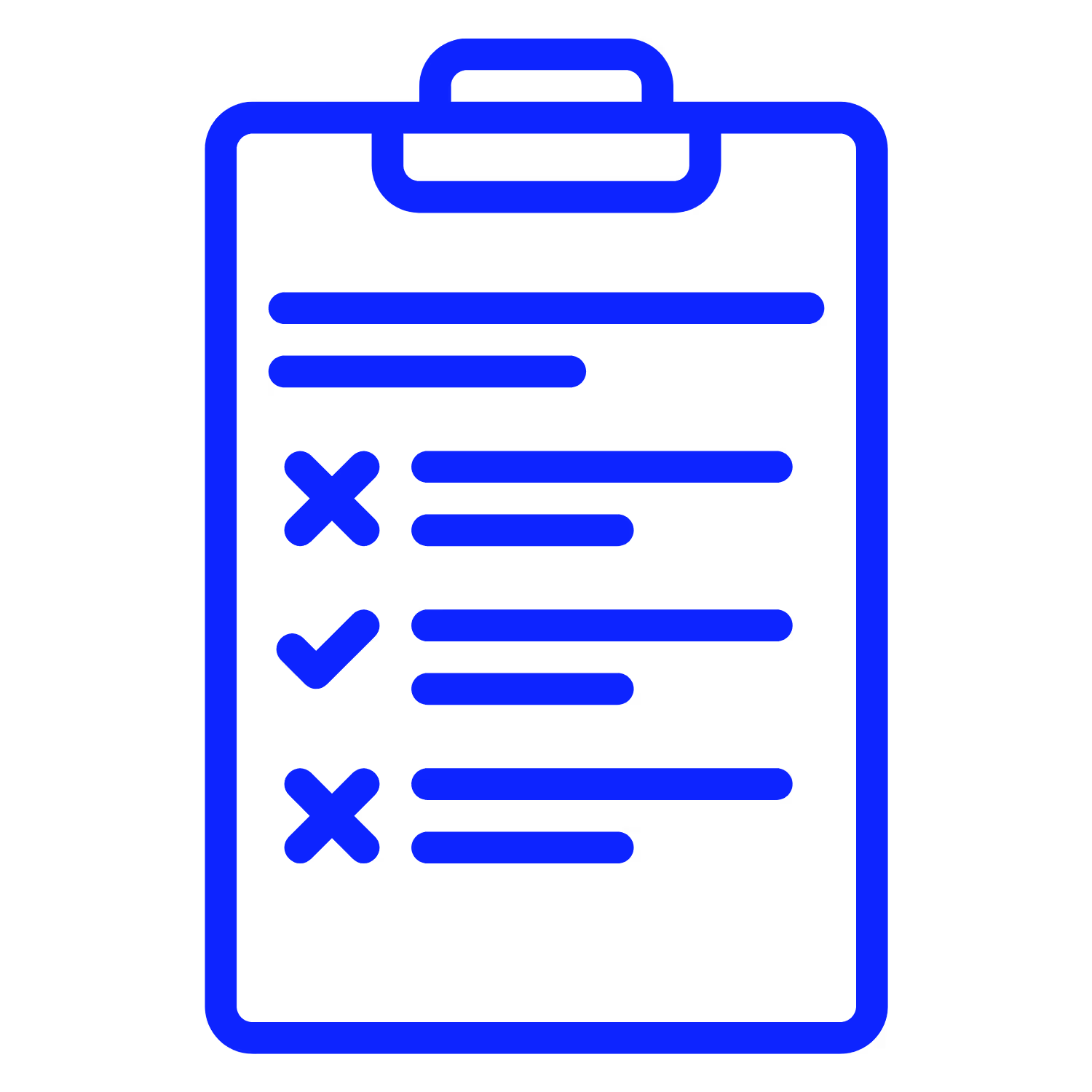 Icône d'un clipboard bleu avec une liste comportant deux croix et une coche.